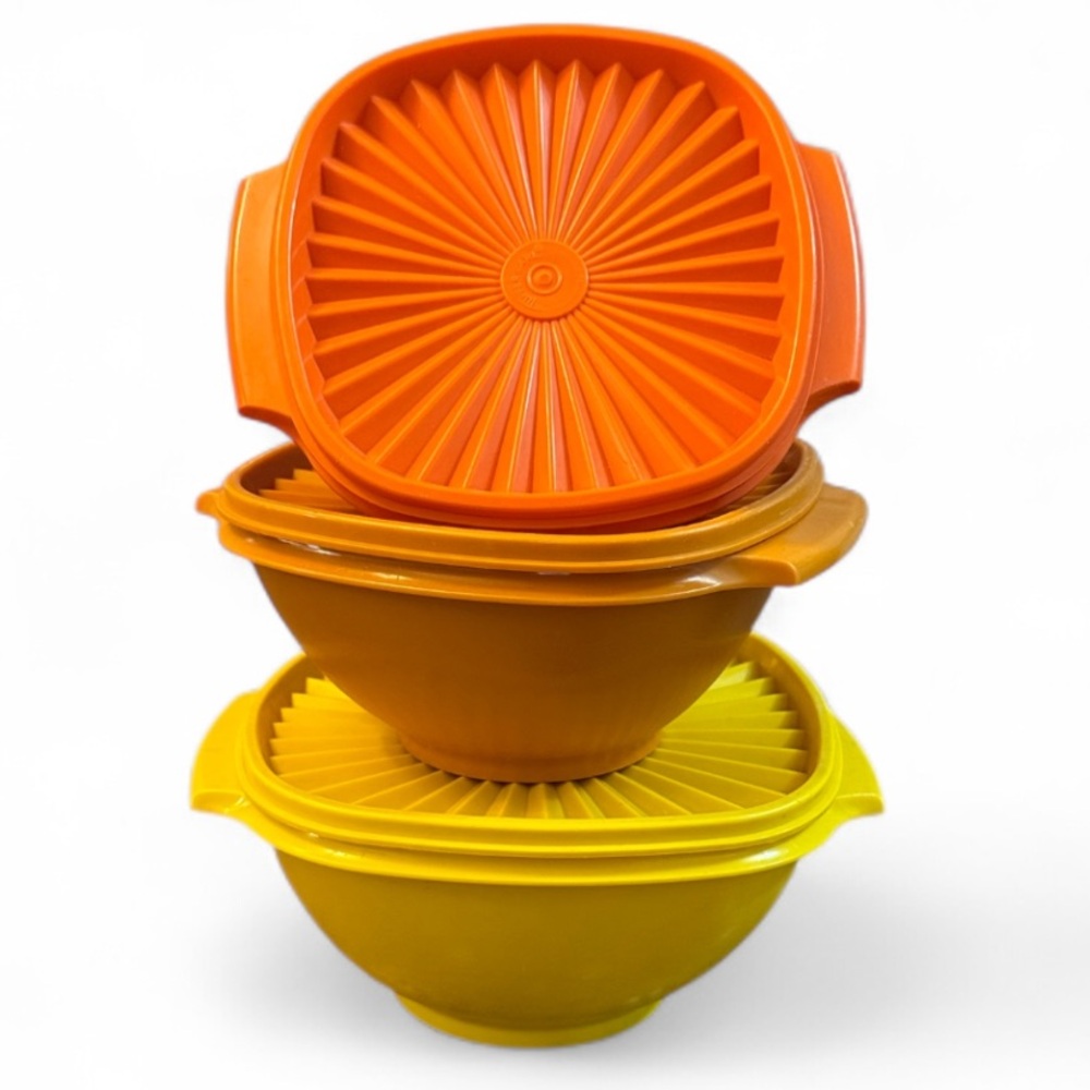 Vintage Tupperware Servalier Harvest Yellow Burnt Orange Bowl Set 836 838 840